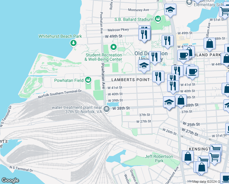 map of restaurants, bars, coffee shops, grocery stores, and more near 1522 West 39th Street in Norfolk