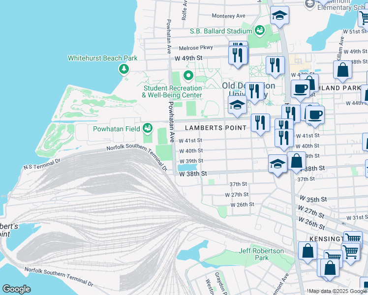 map of restaurants, bars, coffee shops, grocery stores, and more near 1522 West 39th Street in Norfolk