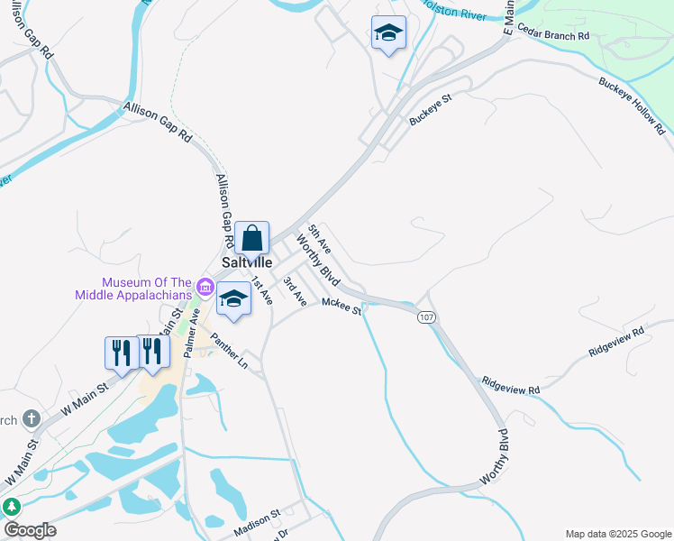 map of restaurants, bars, coffee shops, grocery stores, and more near 314 5th Avenue in Saltville