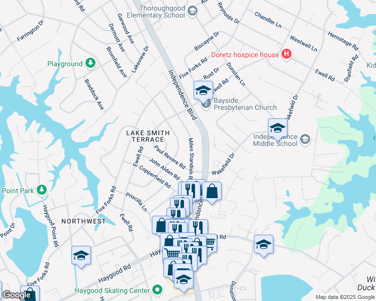 map of restaurants, bars, coffee shops, grocery stores, and more near 4608 Miles Standish Road in Virginia Beach