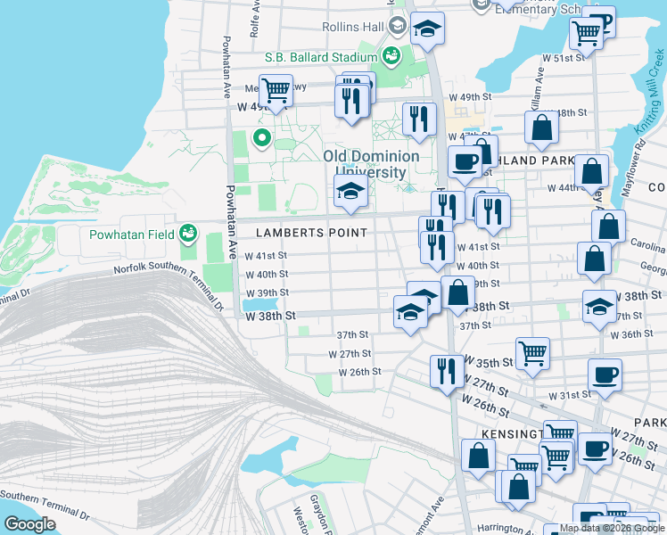 map of restaurants, bars, coffee shops, grocery stores, and more near 3901 Elkhorn Avenue in Norfolk