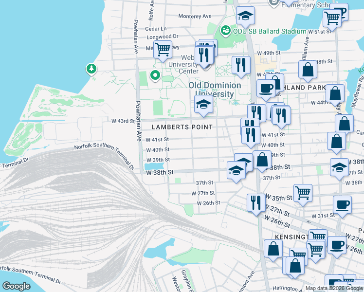 map of restaurants, bars, coffee shops, grocery stores, and more near 3901 Elkhorn Avenue in Norfolk