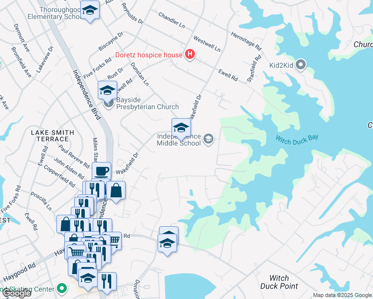 map of restaurants, bars, coffee shops, grocery stores, and more near 1370 Dunstan Lane in Virginia Beach