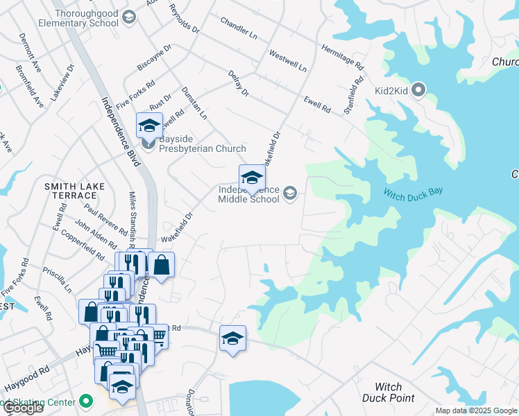map of restaurants, bars, coffee shops, grocery stores, and more near 1370 Dunstan Lane in Virginia Beach