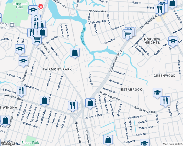 map of restaurants, bars, coffee shops, grocery stores, and more near 3505 Buckingham Street in Norfolk