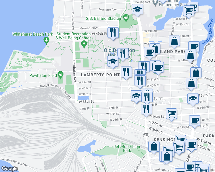 map of restaurants, bars, coffee shops, grocery stores, and more near 4000 Elkhorn Avenue in Norfolk
