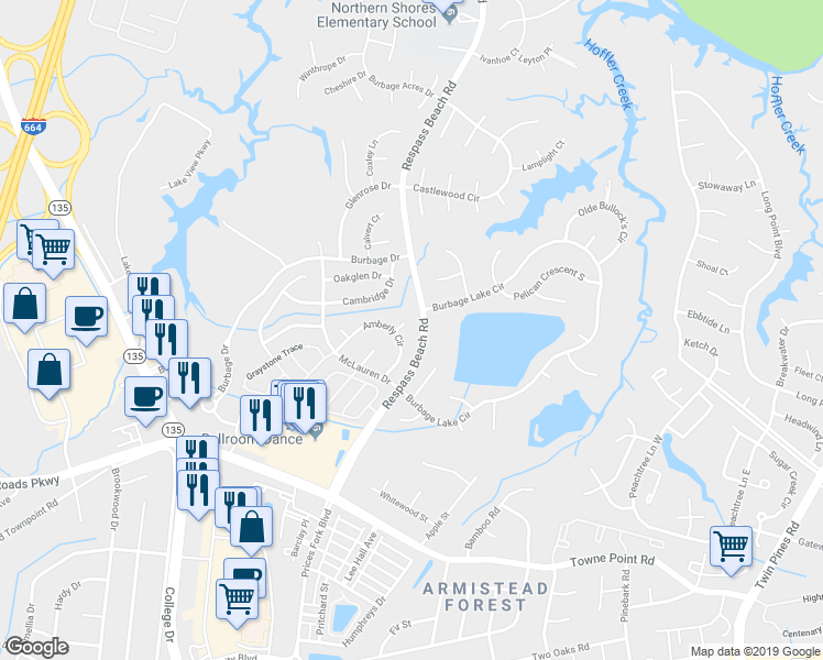 map of restaurants, bars, coffee shops, grocery stores, and more near 6302 Amberly Court in Suffolk