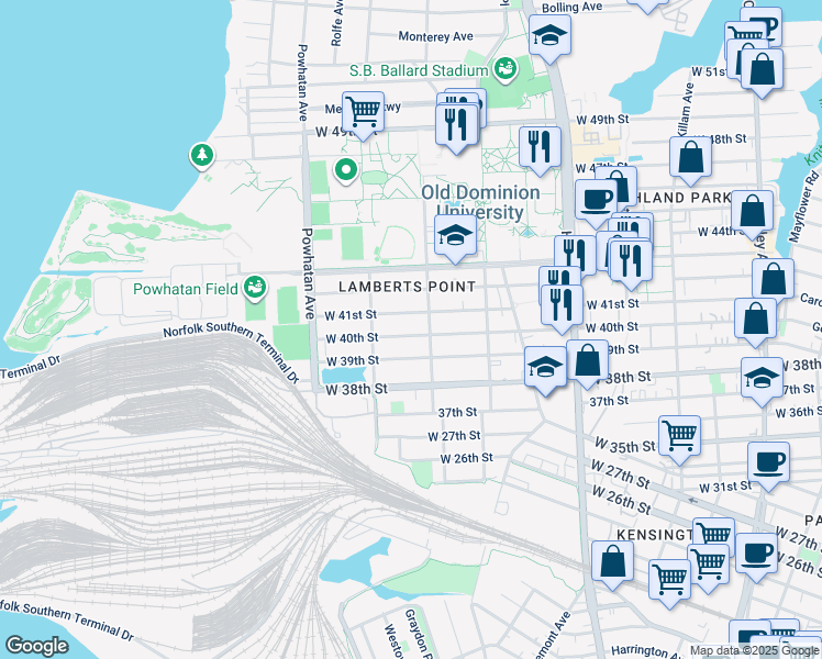 map of restaurants, bars, coffee shops, grocery stores, and more near 1416 West 40th Street in Norfolk