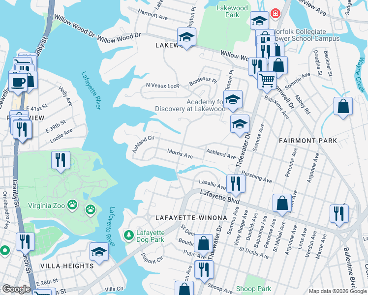 map of restaurants, bars, coffee shops, grocery stores, and more near 3401 Norway Place in Norfolk