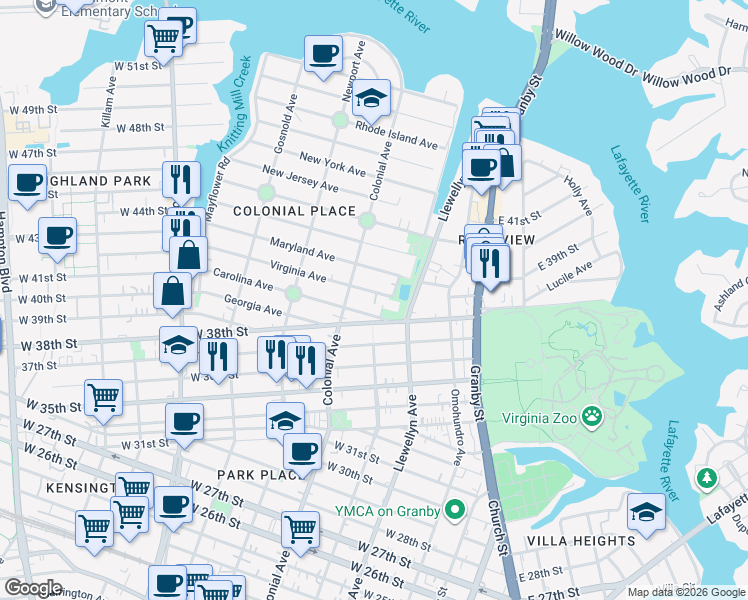 map of restaurants, bars, coffee shops, grocery stores, and more near 435 Virginia Avenue in Norfolk
