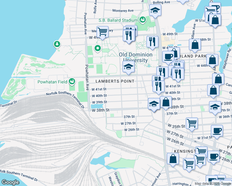 map of restaurants, bars, coffee shops, grocery stores, and more near 1416 West 40th Street in Norfolk