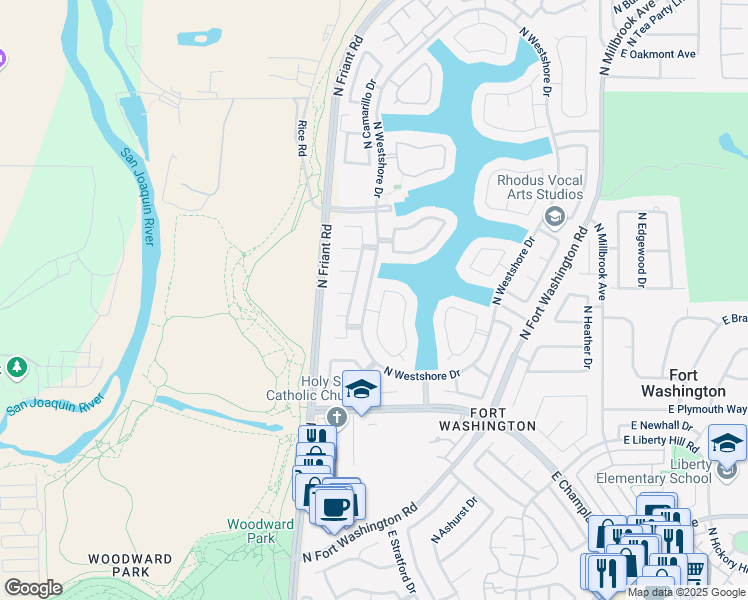 map of restaurants, bars, coffee shops, grocery stores, and more near 593 East Shelldrake Circle in Fresno