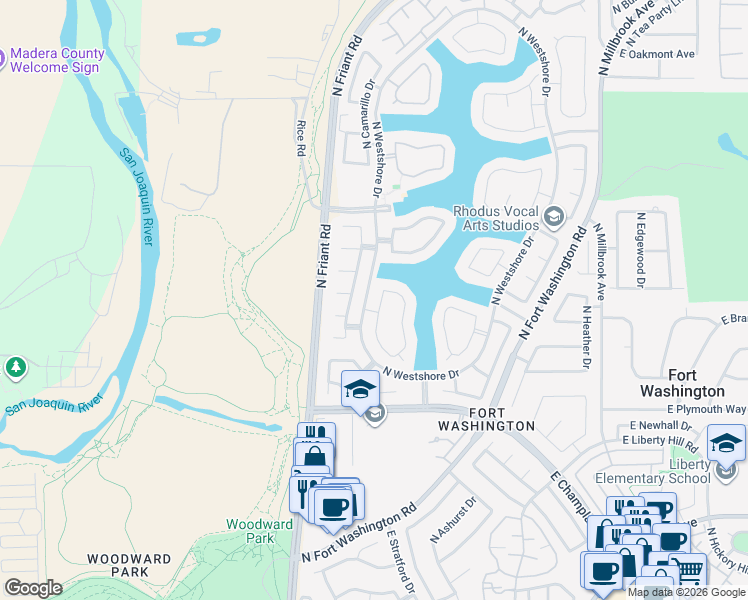 map of restaurants, bars, coffee shops, grocery stores, and more near 593 East Shelldrake Circle in Fresno