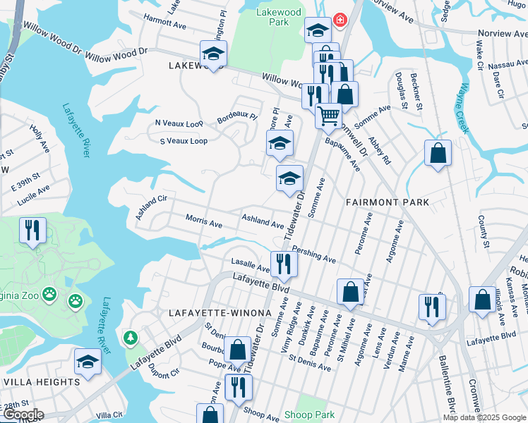 map of restaurants, bars, coffee shops, grocery stores, and more near 1731 Columbia Avenue in Norfolk