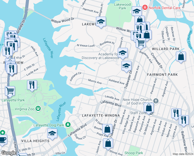 map of restaurants, bars, coffee shops, grocery stores, and more near 1601 Ashland Avenue in Norfolk