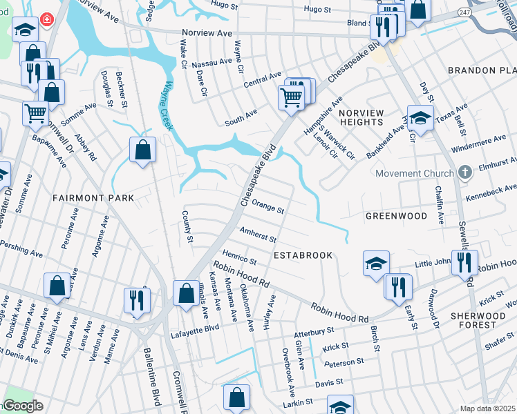 map of restaurants, bars, coffee shops, grocery stores, and more near 3619 Orange Street in Norfolk