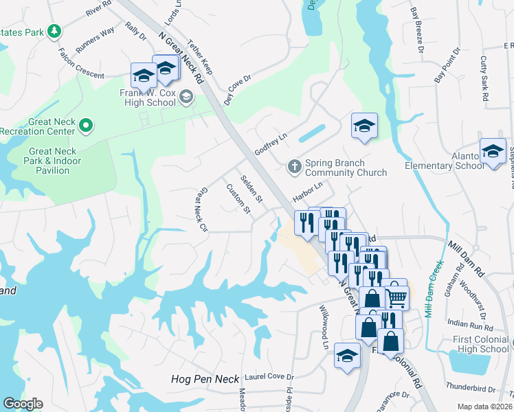 map of restaurants, bars, coffee shops, grocery stores, and more near 1521 Selden Street in Virginia Beach