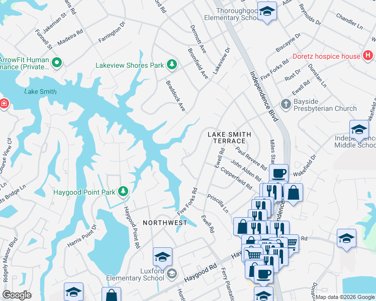 map of restaurants, bars, coffee shops, grocery stores, and more near 1149 West Revere Point Road in Virginia Beach