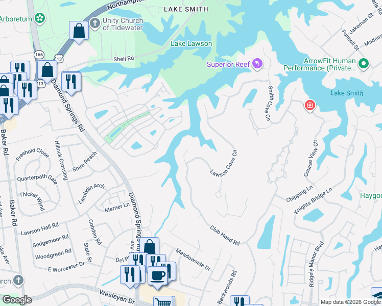 map of restaurants, bars, coffee shops, grocery stores, and more near 5516 Club Head Road in Virginia Beach