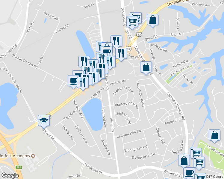 map of restaurants, bars, coffee shops, grocery stores, and more near 5633 Anthony Road in Virginia Beach