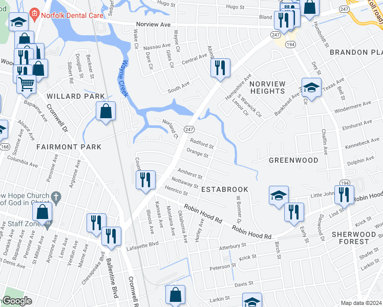 map of restaurants, bars, coffee shops, grocery stores, and more near 3611 Radford Street in Norfolk