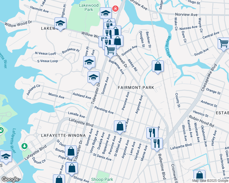 map of restaurants, bars, coffee shops, grocery stores, and more near 3417 Vimy Ridge Avenue in Norfolk