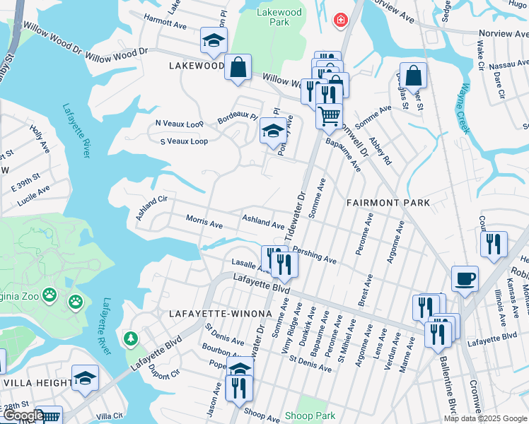 map of restaurants, bars, coffee shops, grocery stores, and more near 1731 Columbia Avenue in Norfolk