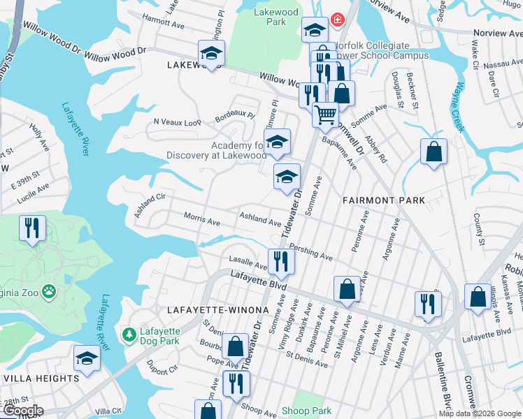 map of restaurants, bars, coffee shops, grocery stores, and more near 3401 Willard Place in Norfolk