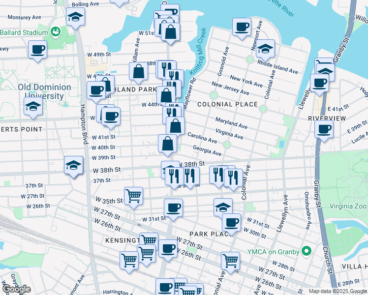 map of restaurants, bars, coffee shops, grocery stores, and more near 717 Carolina Avenue in Norfolk