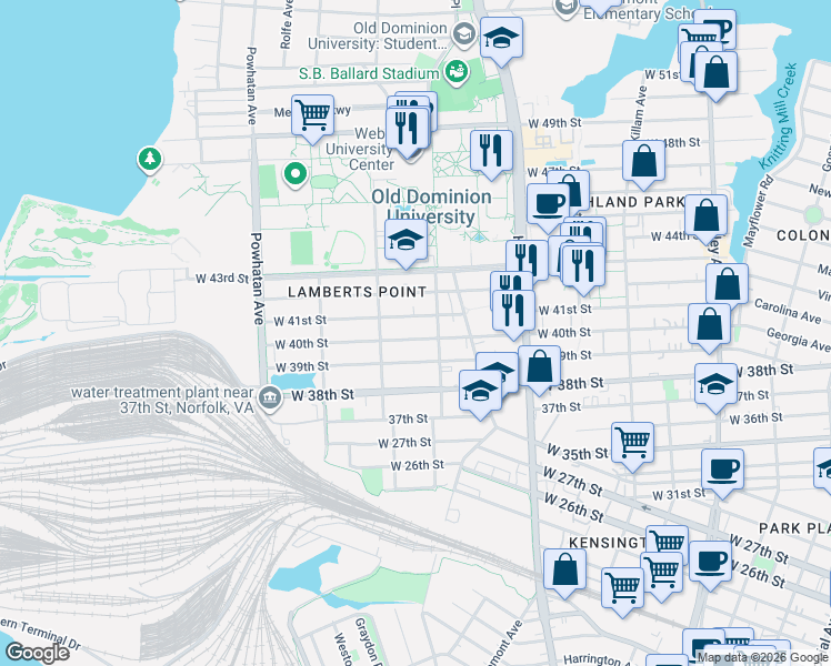 map of restaurants, bars, coffee shops, grocery stores, and more near 1320 West 41st Street in Norfolk