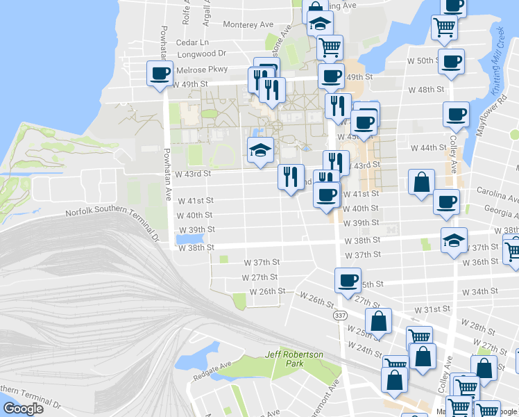 map of restaurants, bars, coffee shops, grocery stores, and more near 1320 West 41st Street in Norfolk
