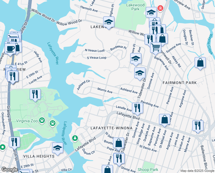 map of restaurants, bars, coffee shops, grocery stores, and more near 1601 Ashland Avenue in Norfolk