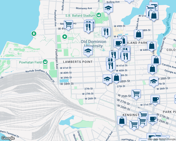 map of restaurants, bars, coffee shops, grocery stores, and more near 1320 West 41st Street in Norfolk