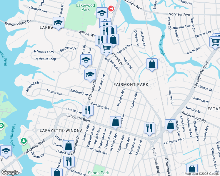 map of restaurants, bars, coffee shops, grocery stores, and more near 3417 Vimy Ridge Avenue in Norfolk