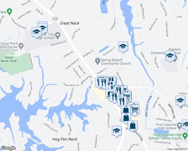 map of restaurants, bars, coffee shops, grocery stores, and more near North Great Neck Road in Virginia Beach