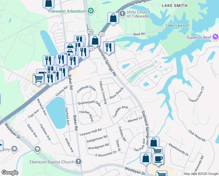 map of restaurants, bars, coffee shops, grocery stores, and more near 5522 Finespun Last in Virginia Beach