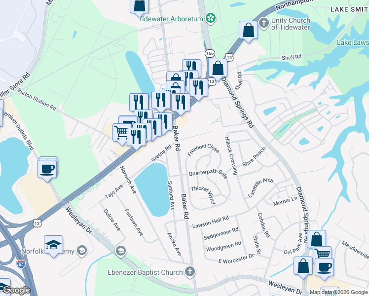map of restaurants, bars, coffee shops, grocery stores, and more near 5633 Anthony Road in Virginia Beach