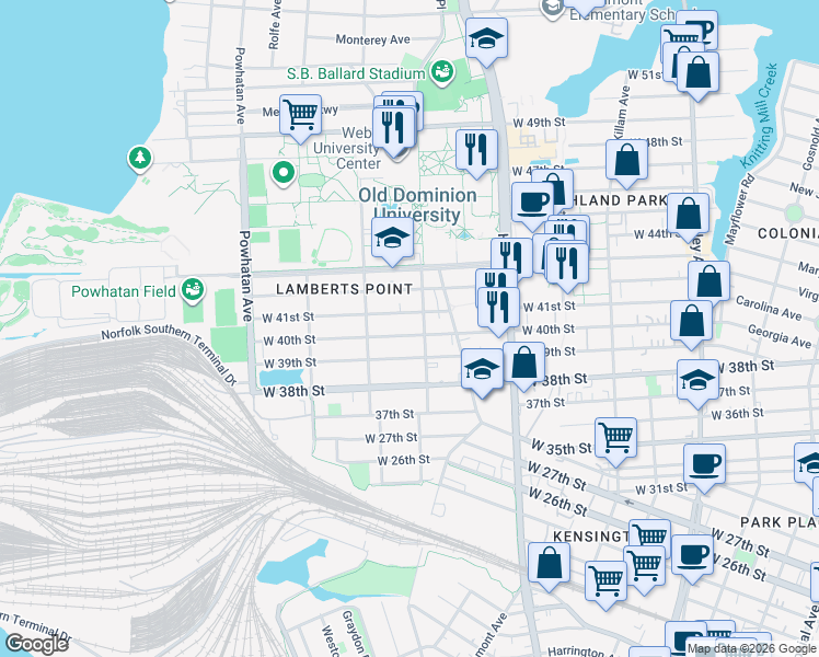map of restaurants, bars, coffee shops, grocery stores, and more near 1310 West 40th Street in Norfolk