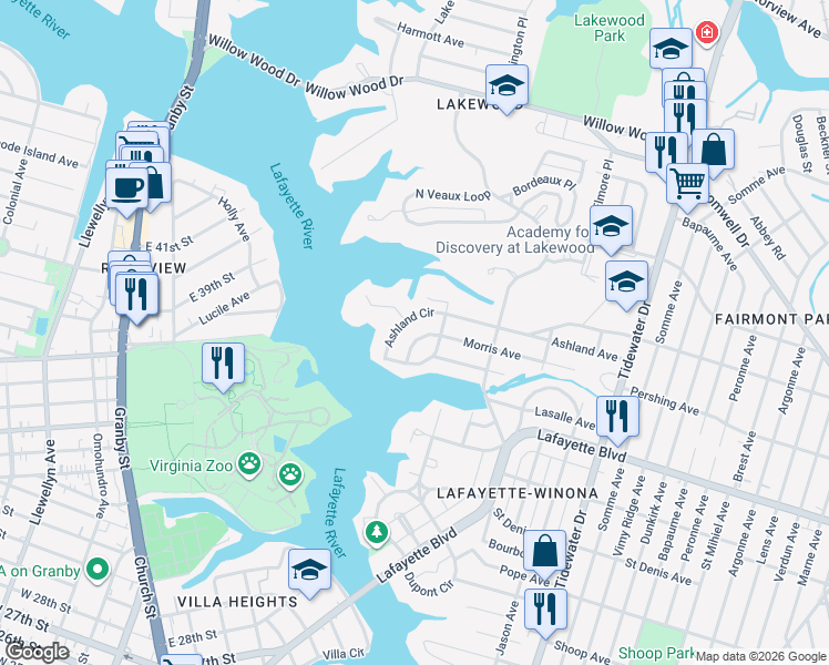 map of restaurants, bars, coffee shops, grocery stores, and more near 1424 Morris Crescent in Norfolk