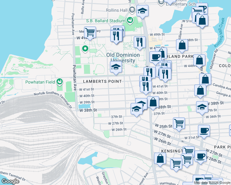 map of restaurants, bars, coffee shops, grocery stores, and more near 1328 West 40th Street in Norfolk