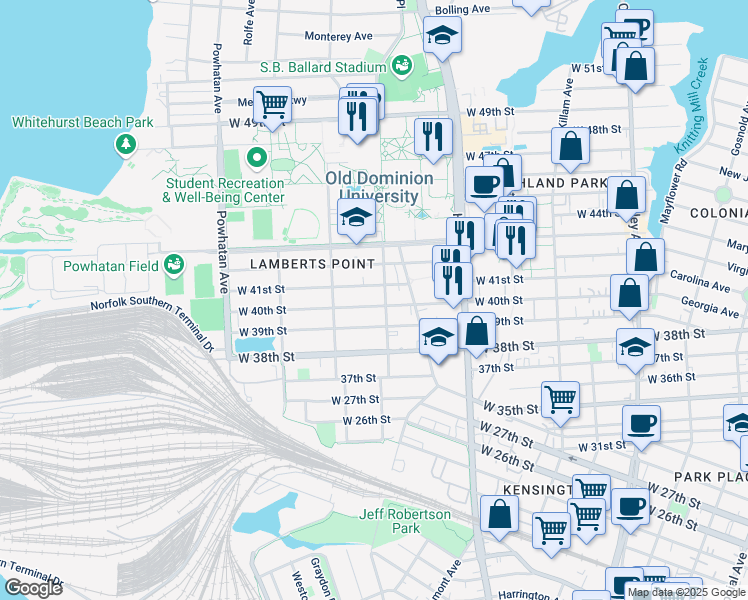 map of restaurants, bars, coffee shops, grocery stores, and more near 1308 West 40th Street in Norfolk