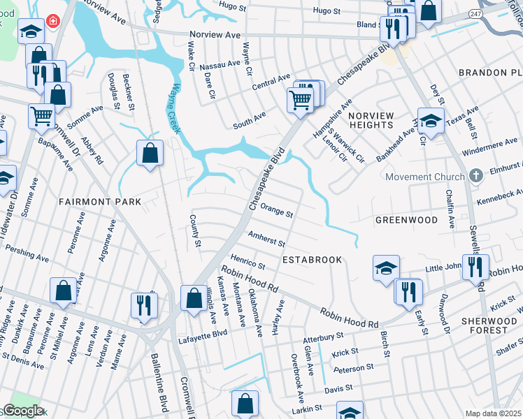map of restaurants, bars, coffee shops, grocery stores, and more near 3611 Radford Street in Norfolk