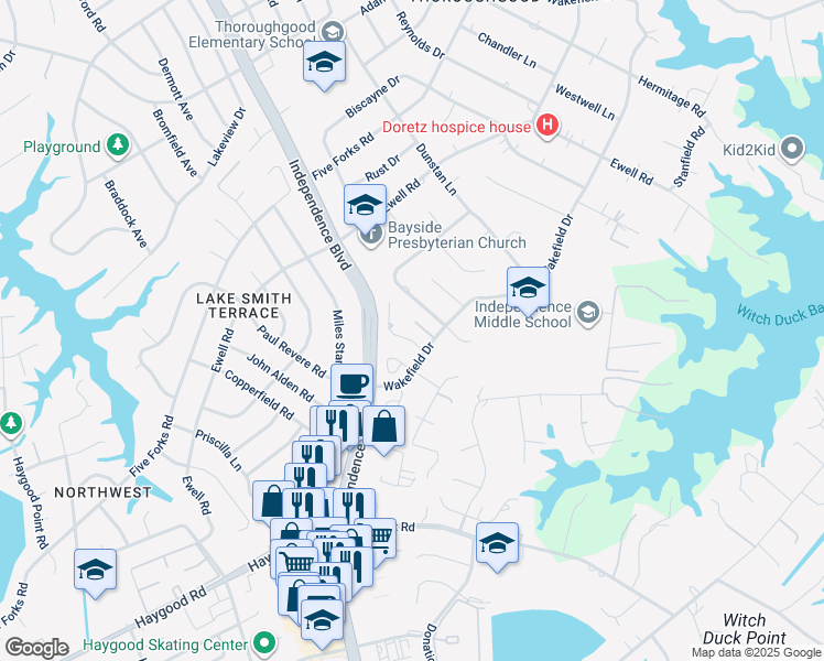 map of restaurants, bars, coffee shops, grocery stores, and more near 1356 Sir Richard Road in Virginia Beach