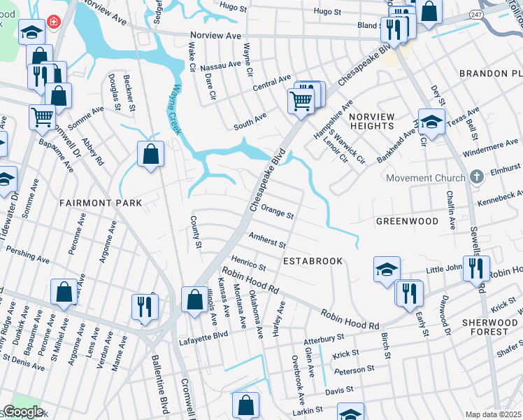 map of restaurants, bars, coffee shops, grocery stores, and more near 3611 Radford Street in Norfolk