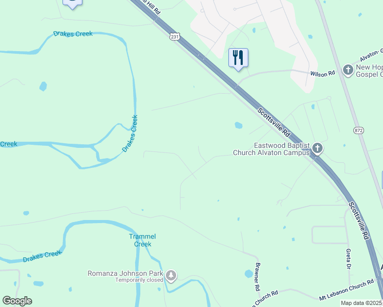 map of restaurants, bars, coffee shops, grocery stores, and more near 9057 Twin Bridges Road in Alvaton