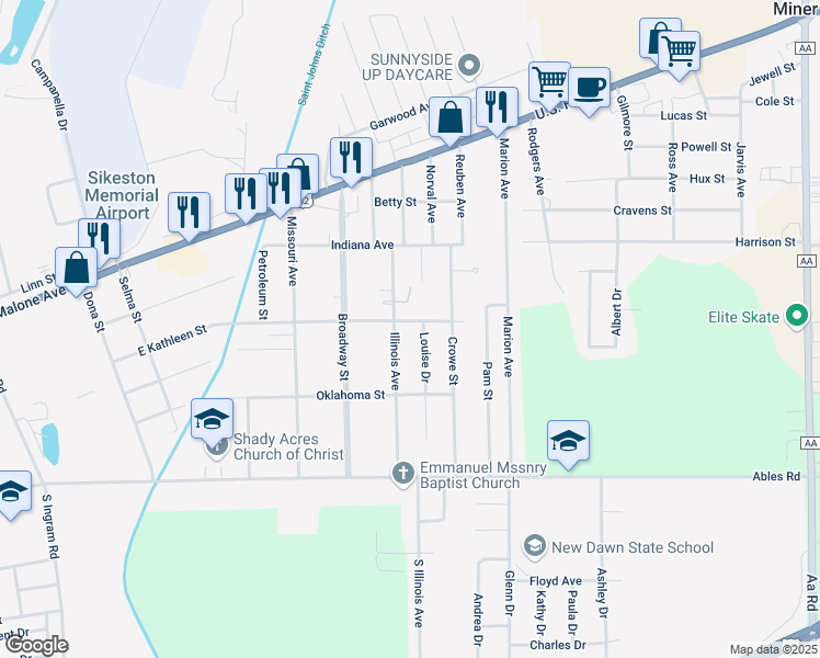 map of restaurants, bars, coffee shops, grocery stores, and more near 2008 Kentucky Street in Sikeston