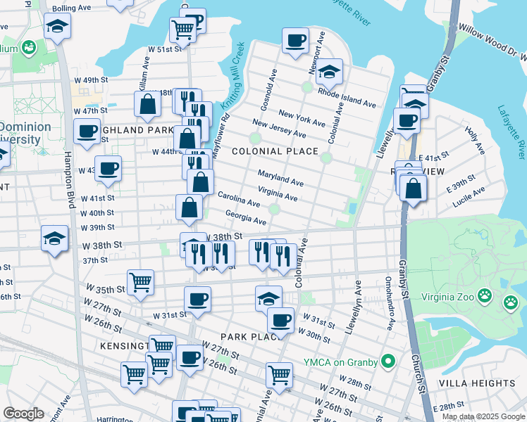 map of restaurants, bars, coffee shops, grocery stores, and more near 611 Carolina Avenue in Norfolk