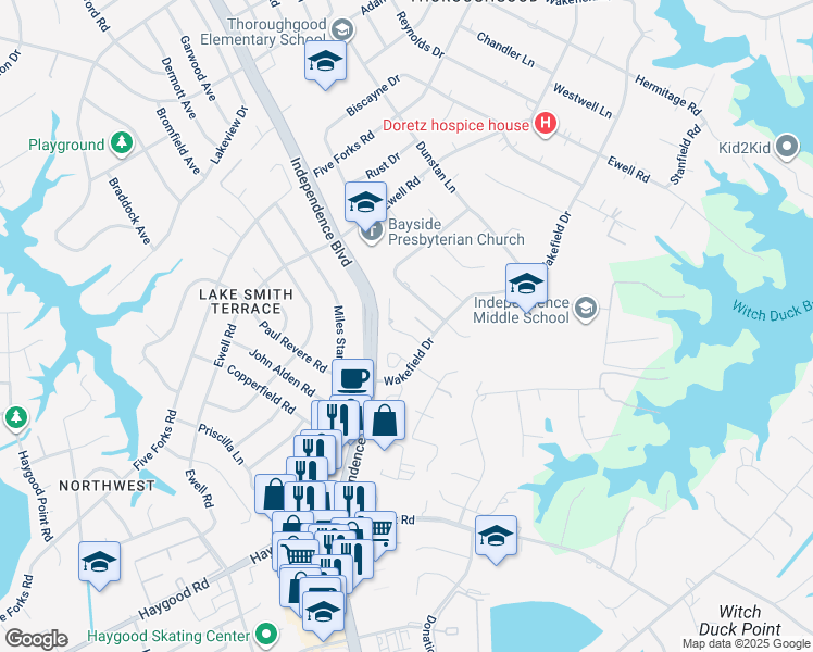 map of restaurants, bars, coffee shops, grocery stores, and more near 1356 Sir Richard Road in Virginia Beach