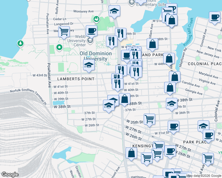 map of restaurants, bars, coffee shops, grocery stores, and more near 1234 West 41st Street in Norfolk