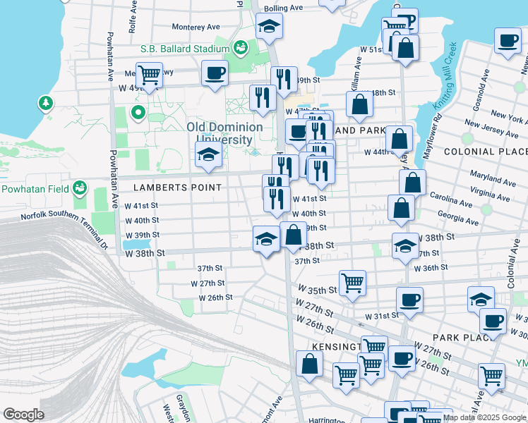 map of restaurants, bars, coffee shops, grocery stores, and more near 1228 West 40th Street in Norfolk